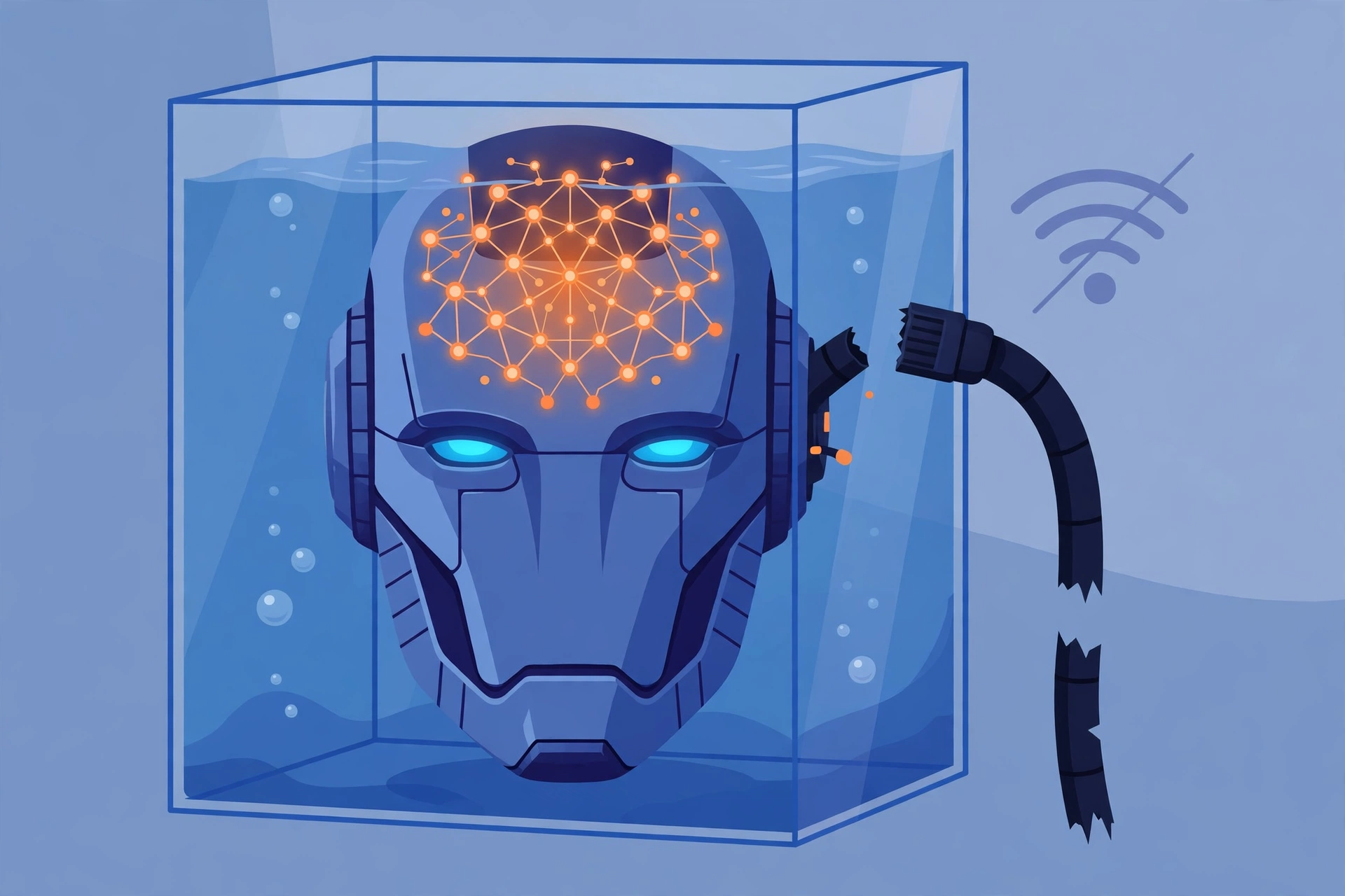 Ilustrasi kepala robot AI dalam kubus kaca dengan kabel terputus, simbol OpenAI melatih AI tanpa akses internet