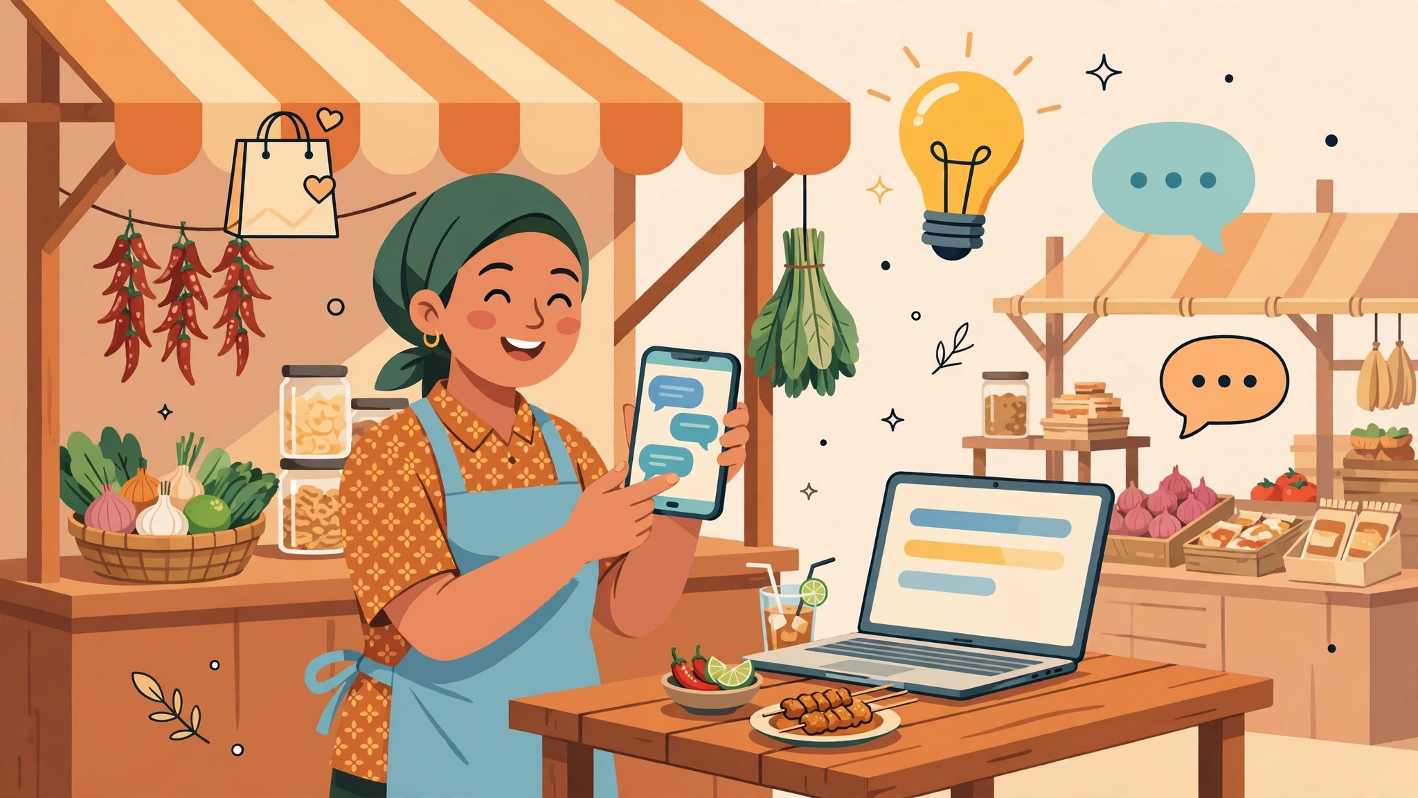 Ilustrasi pelaku UMKM Indonesia memakai kumpulan prompt ChatGPT untuk UMKM