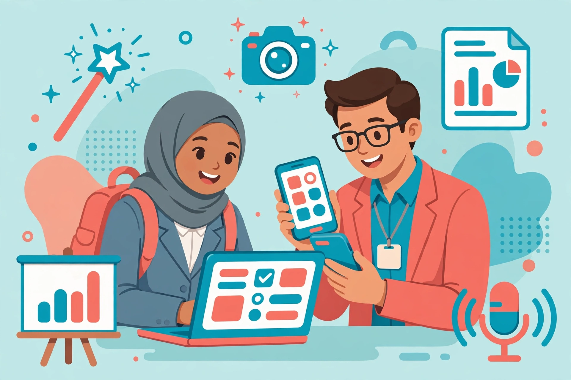 Ilustrasi pelajar berhijab dan pekerja kantoran memakai laptop dan HP dikelilingi ikon tools AI gratis