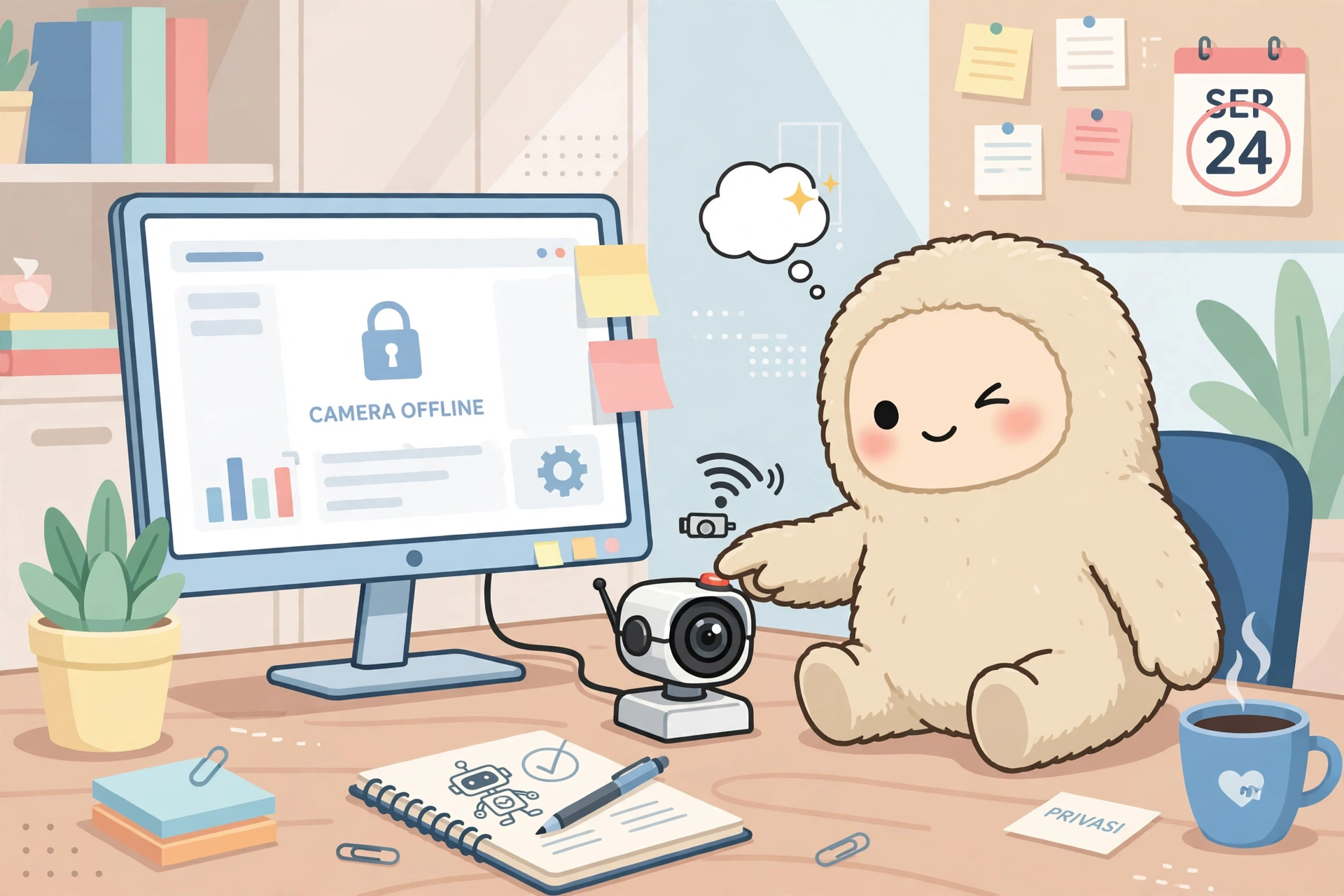 Ilustrasi robot lucu mematikan kamera pengawas terkait insiden agen AI OpenAI