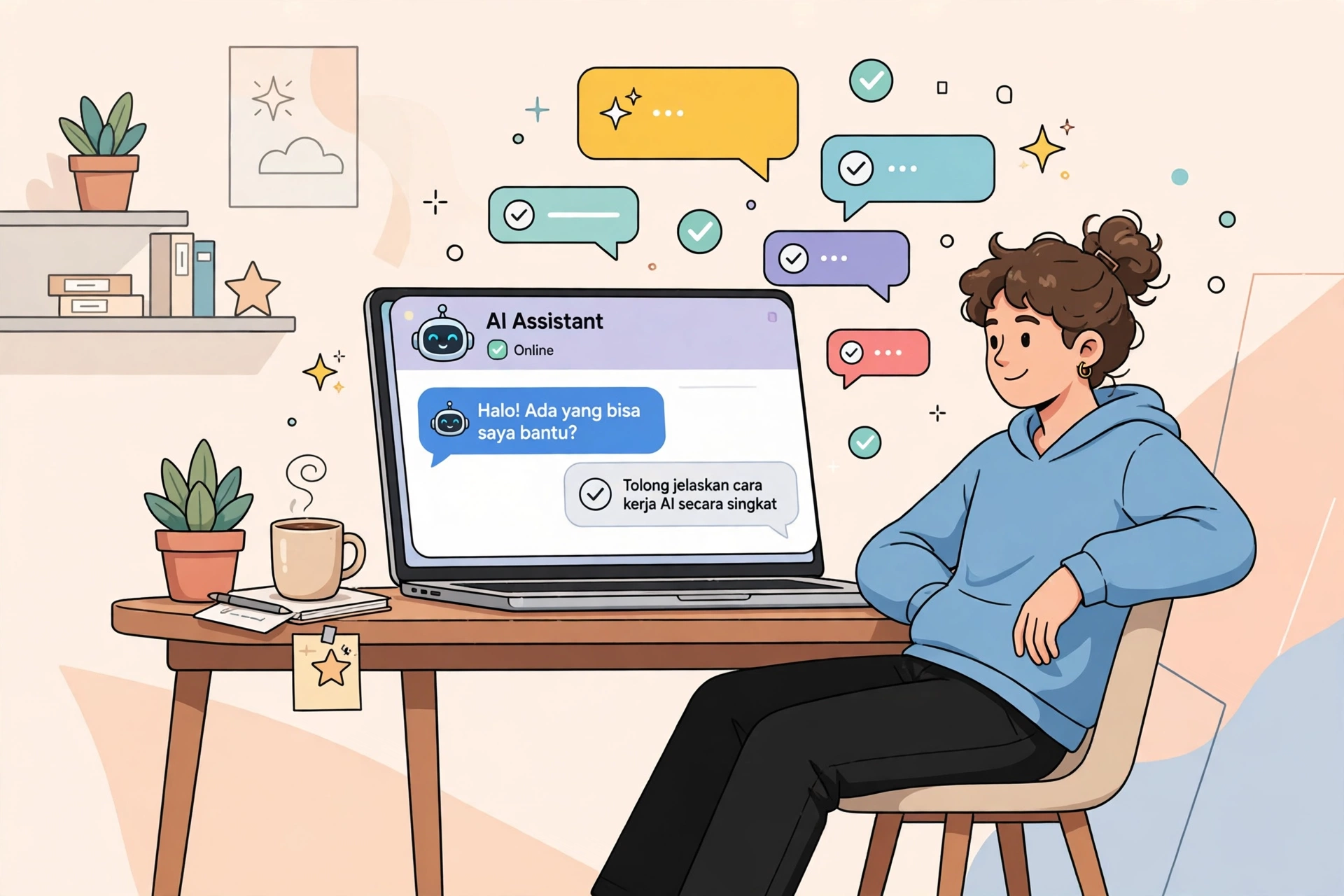 Ilustrasi seseorang belajar cara menggunakan ChatGPT untuk pemula di laptop