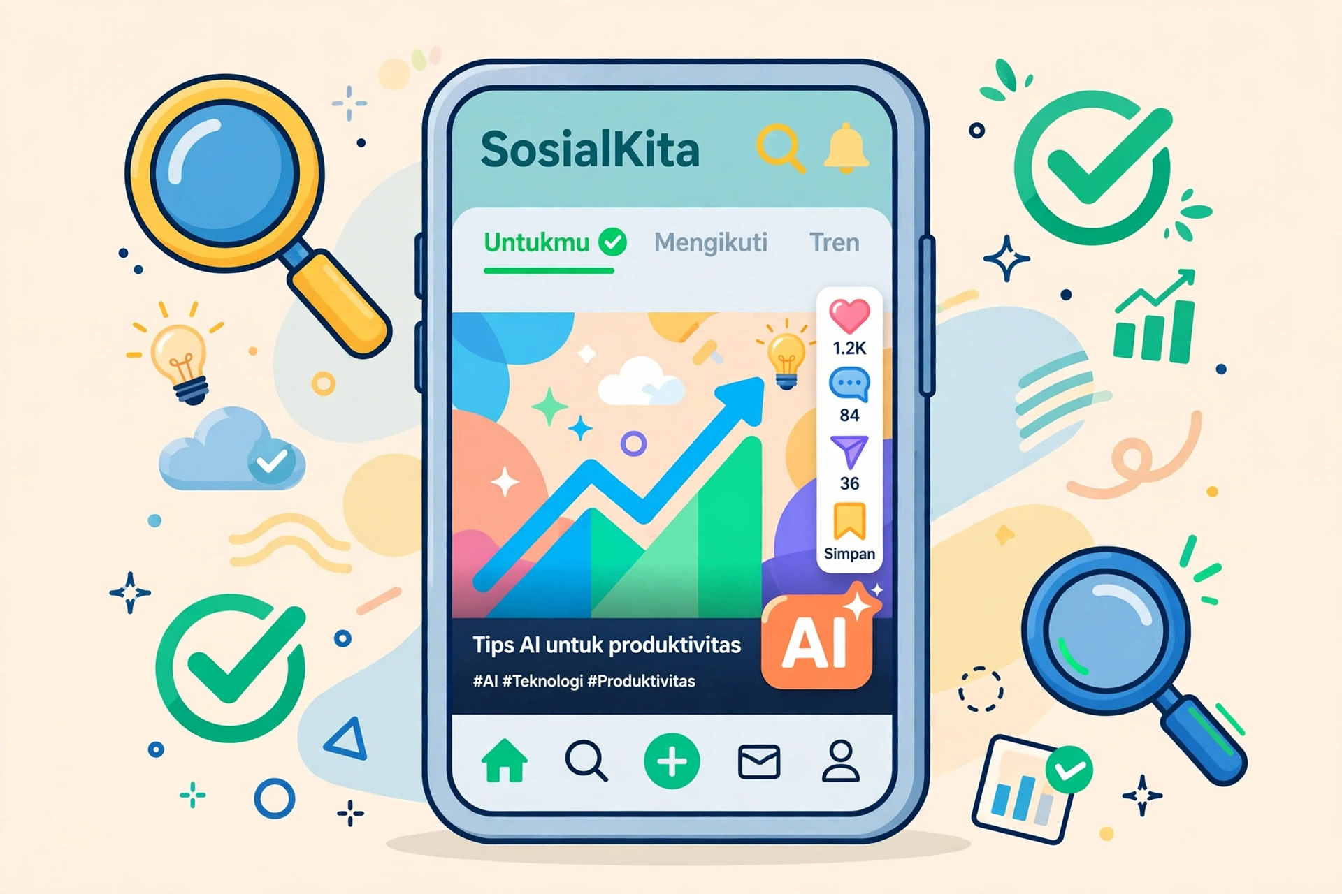 Ilustrasi smartphone berlabel AI sebagai contoh label konten AI