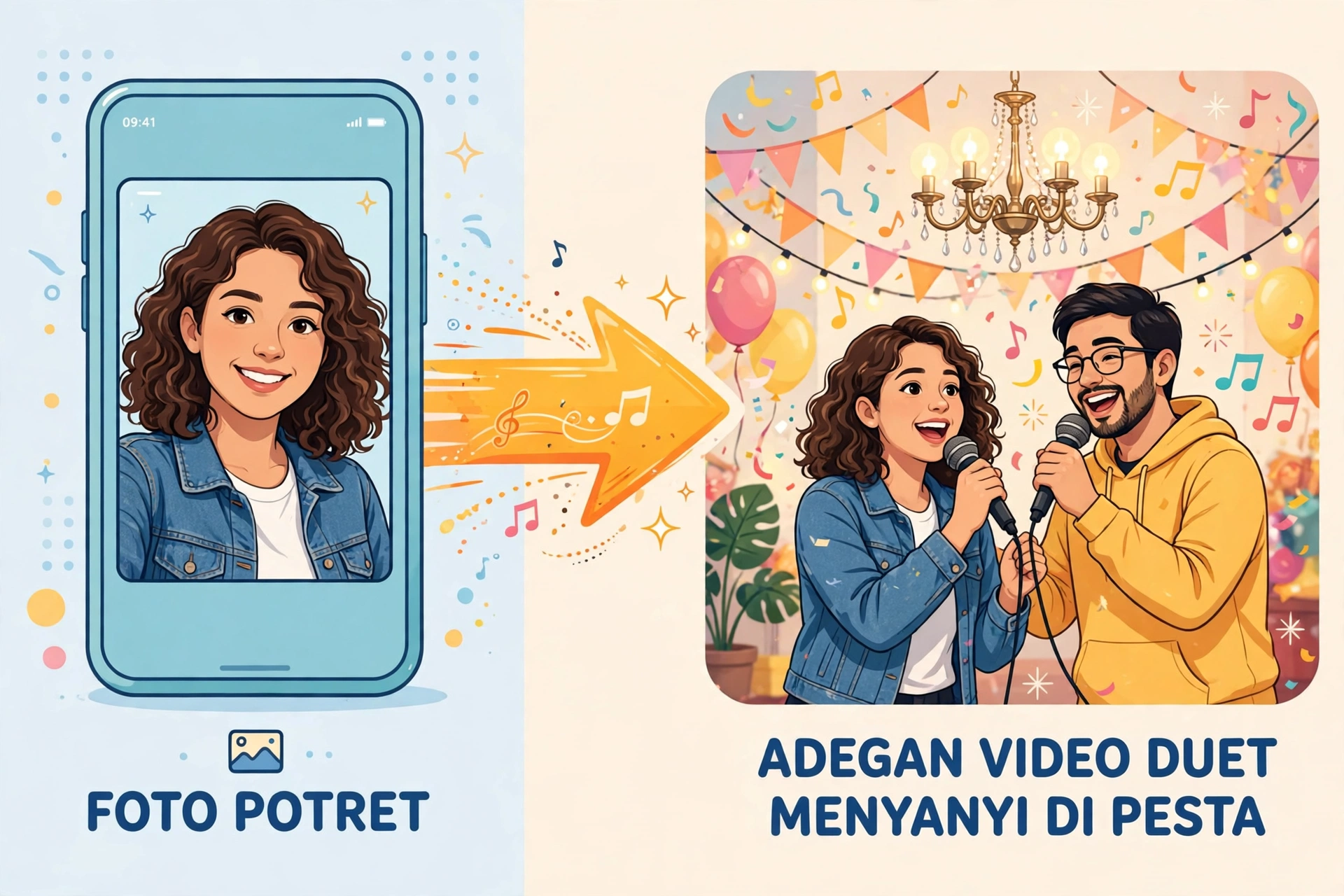 Ilustrasi foto yang berubah menjadi video AI duet menyanyi tentang cara membuat video AI dari foto